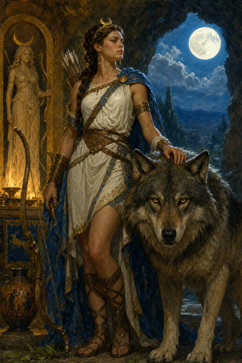 Artemis, the hunt, wilderness, wild animals, and chastity