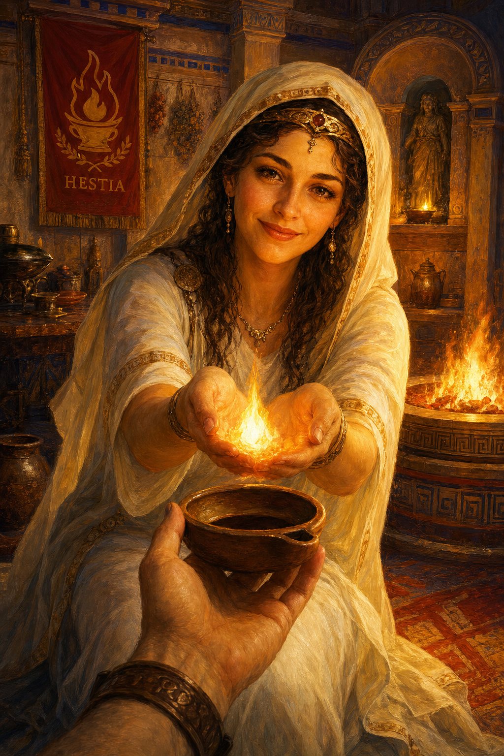 Hestia, the hearth, home, and the fire at the center of every household and city