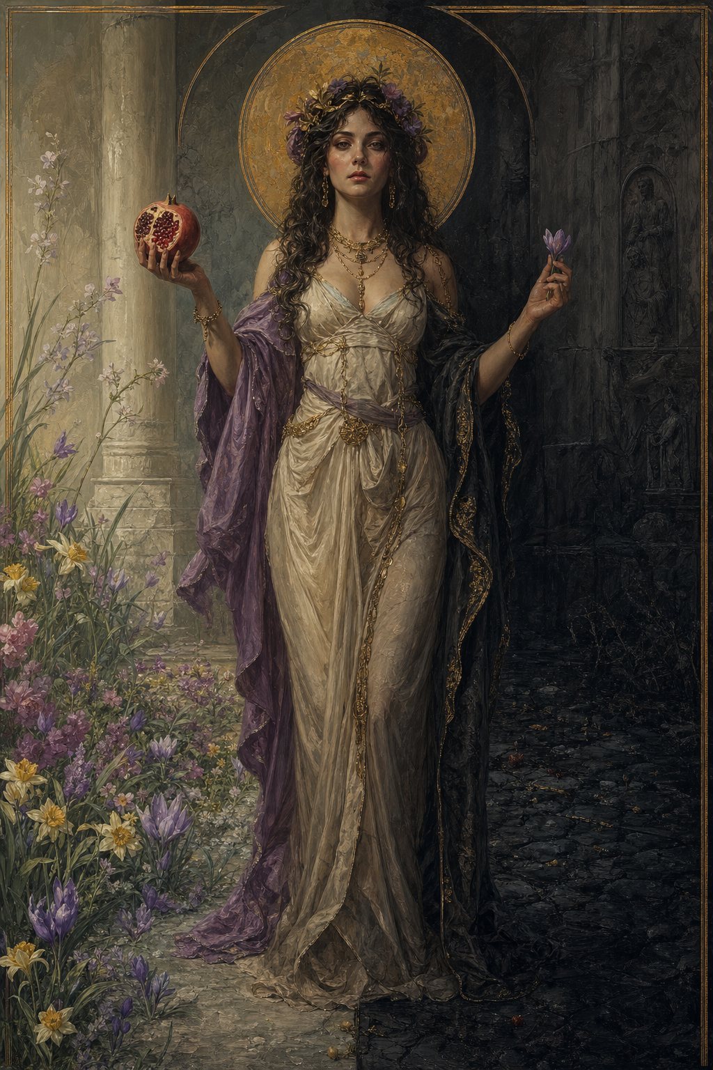 Persephone, spring's return, and (as queen) the underworld and its dead