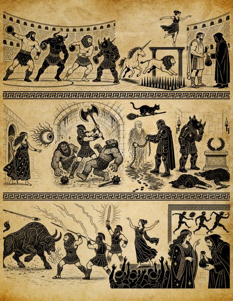 Black-figure mural in three friezes divided by Greek-key borders: in the stadium, a bearded strongman and a leonin square off against a minotaur and a rhino-armored brute with discuses while a unicorn and a lion leap a spiked pit, a dancer balances on a pedestal, and a hooded figure passes a coin purse; in torch-lit vaults, a robed woman recoils from a winged eye, a crested axeman fells two shaggy brutes, a chained ghost is led away, and a rhino-armored enforcer stands over fallen bodies beside a laurel-crowned altar; below, a fire-breathing bronze bull charges spear-bearing warriors with a flaming sword and a lion at their side, a woman dances above a cheering crowd, runners race along a corner frieze, and a robed matron confronts a hooded man clutching a money bag.
