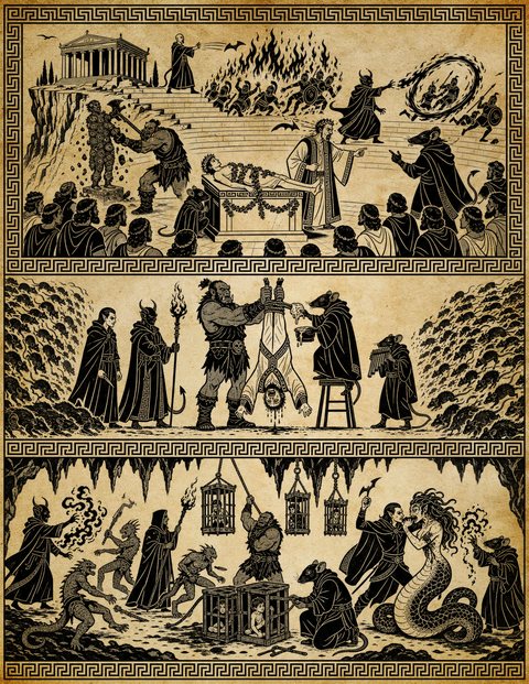 Black-figure mural in three registers divided by Greek-key borders. Above: a colonnaded temple on a cliff, a statue covered in staring eyes beside a club-bearing giant, a garlanded youth laid out on a wreathed altar while a robed priest presides and a crowd of laurel-crowned citizens watches; behind them soldiers burn in a wall of flame, a horned celebrant and a rat-headed figure in robes gesture over the stairs, and bats wheel overhead. Middle: a tusked giant holds a robed figure upside down by the ankles while a rat-headed attendant catches the draught in a bowl, flanked by a cloaked woman, a horned torch-bearer and a piping rat-servant, with walls of massed rats to either side. Below, in a stalactite cave: children crouch in hanging and floor-set cages as a giant hauls one aloft on a chain and a rat-headed figure works the lock; lizard-like fiends prowl past robed spellcasters trailing smoke; and at the right a serpent-bodied woman with writhing hair bends over a man in her arms, her mouth at his face, an axe raised behind.