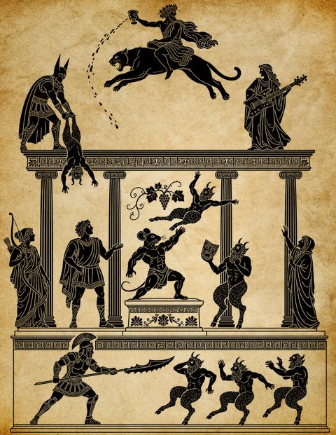 Black-figure theater scene in three architectural tiers: atop the architrave, Dionysus pours wine while riding a leaping panther, a bat-helmed warrior dangles a satyr upside down over the edge, and a robed woman plays a lyre shaped like an electric guitar; on the columned stage below, a muscular mouse-headed hero poses on a pedestal amid a leaping satyr and grape vines, flanked by a robed archer, a young man in a tunic, a satyr studying a comedy mask, and a cloaked figure; on the bottom frieze, a crested hoplite with a broad-bladed spear drives three fleeing satyrs across the stage.