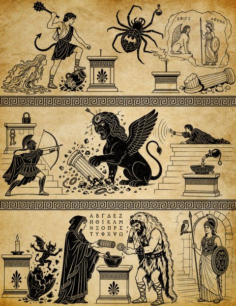 Black-figure mural in three friezes divided by Greek-key borders: adventurers desecrating riddle altars while a lightning-fanged spider climbs the wall; a winged Sphinx roaring over a shattered column, an arrow in the cracked jewel on her brow; and robed figures preparing offerings before a statue of Athena.