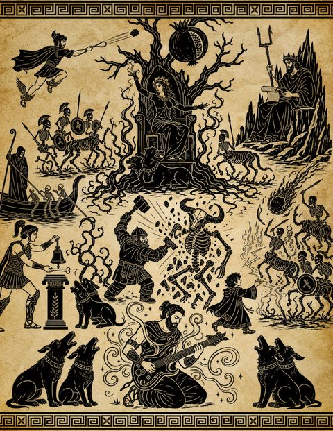 Black-and-white mural of the Underworld: at the center a crowned queen sits enthroned in a dead, twisted tree beneath a huge split pomegranate, black vines writhing from its roots and a three-headed hound crouched at her feet; at upper left a winged-sandaled youth leaps through the air hurling a stone from a sling, above a row of skeletal hoplites with crested helmets, spears and round shields riding skeletal horses; a hooded ferryman poles a boat of skeletons across dark water; at upper right a bearded, crowned king sits on a jagged rock throne reading a scroll, a bident at his side, as a fiery comet streaks past; skeletal centaurs and spear-bearing skeletons charge through crackling lightning on the right; in the middle a bearded dwarf swings a warhammer that shatters a minotaur skeleton into bone fragments while a robed child flings lightning at the centaurs; at left a laurel-crowned warrior woman strikes a bronze bell on a pedestal with a bone, a two-headed dog howling beside her; and at the bottom a bearded bard kneels playing an electric guitar wreathed in swirling music, flanked by pairs of howling collared hounds.