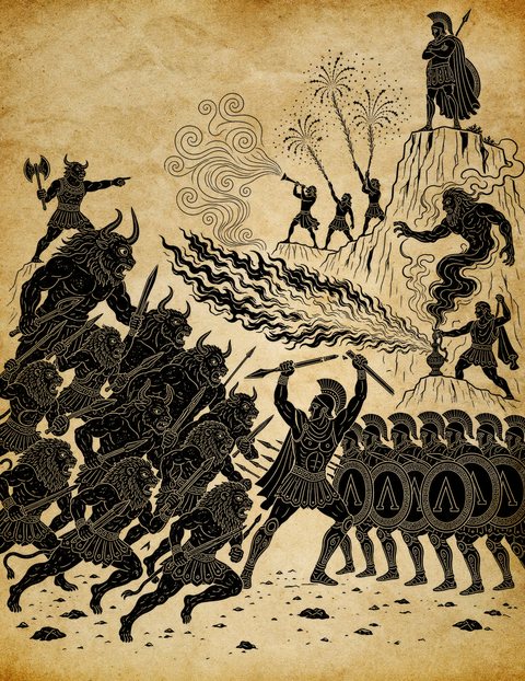 Black-figure battle scene: a horde of leonin and minotaur warriors charges downhill behind a horned, axe-bearing chieftain; a crested Spartan champion and a phalanx of lambda-blazoned shields hold the pass; on the heights, trumpeters raise sparks and smoke, a warrior tends a smoking urn from which a titan-kin rises, and an armored war-god watches from the summit.