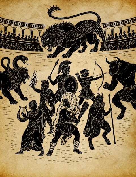 Black-figure arena scene: beneath curved tiers of silhouetted spectators, a winged manticore with a spiked tail leaps overhead while a chimera with a serpent tail and a horned minotaur close in; at the center, a crested hoplite raises a lambda-blazoned shield and spear, an archer draws her bow, a bearded man brandishes flame and a scroll, a robed musician plays a lyre, a warrior in a white lion pelt hefts a club, and a horned satyr holds a staff and panpipes.