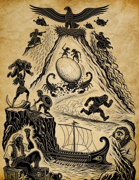 Black-and-white mural of the diamond gorge of Serendib: at the summit a great eagle-like Roc spreads her wings over a stick nest, joints of meat falling past her toward the valley floor while two robed figures cast glittering diamonds and streaming spells down the cliffs; midway, two armored rats duel with sword and dagger atop an enormous pale egg as scorpions swarm the gem-strewn scree below; on the left crag a warrior hoists a bear overhead beside a crested hoplite with a round Greek shield casting a net; a heavy-browed giant runs across the dust at right and a bearded cyclops peers from behind rock in the corner; and at the shore below, a grinning sailor in a headscarf raises a blazing diamond above a treasure chest while an oared galley with a great square sail and an eye painted on its prow rides the water.