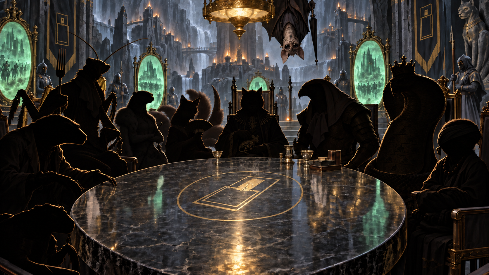 The eRaticators' ebony table in shadow: nine silhouettes around the brass mousetrap sigil.